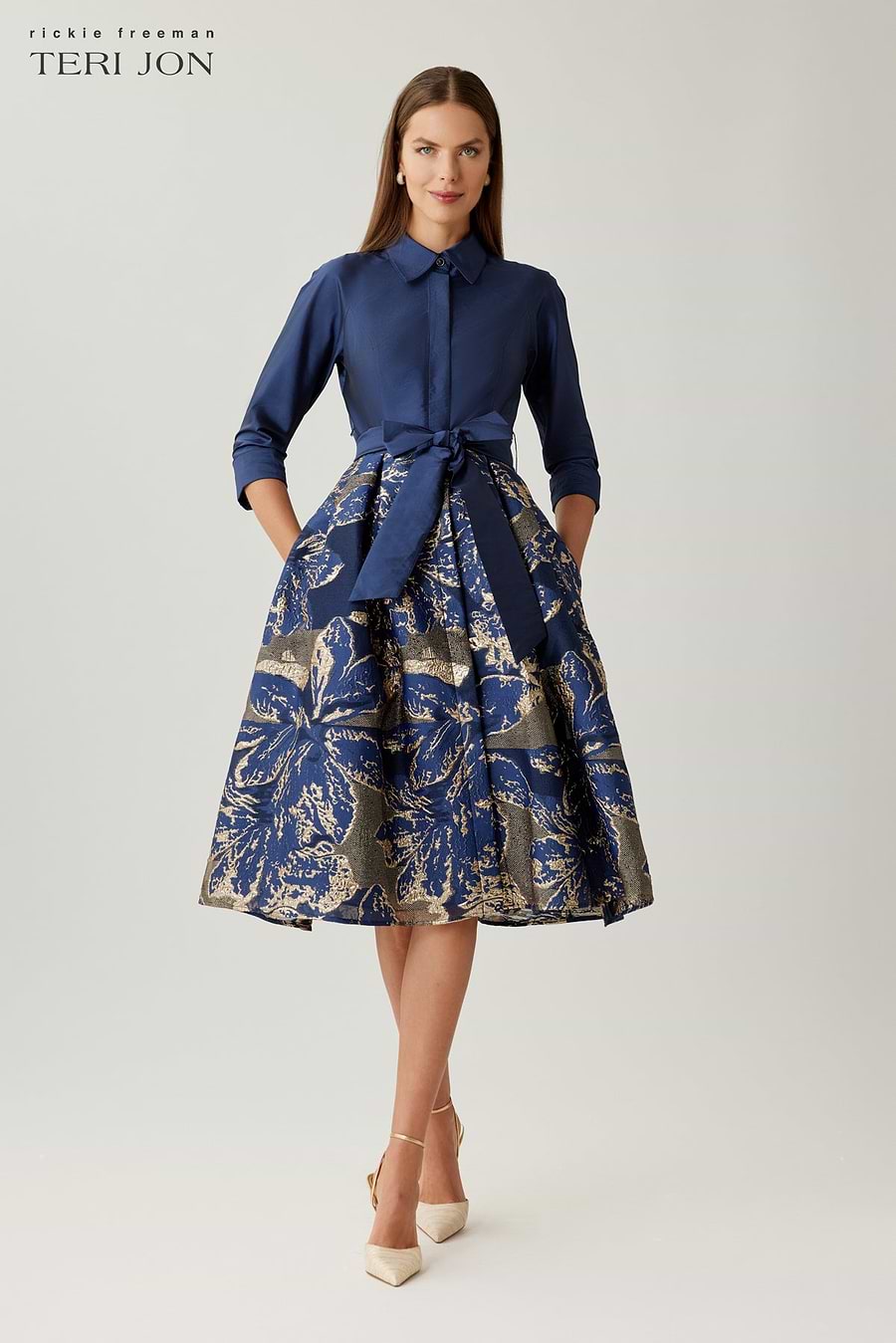 Teri Jon metallic floral taffeta jacquard shirt waist dress with elegant design and structured fit, perfect for special occasions.