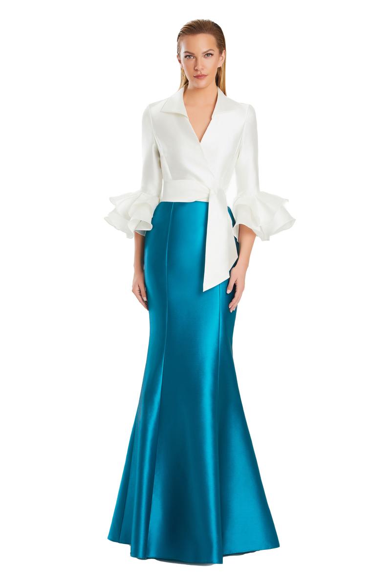 Daymor Couture M.O.B. shirt gown with flounce sleeves in Cayman Blue and white, elegant and stylish for special occasions.