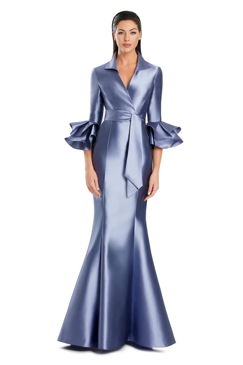 Delphi blue Daymor Couture M.O.B. shirt gown with flounce sleeves, elegant and stylish for special occasions.
