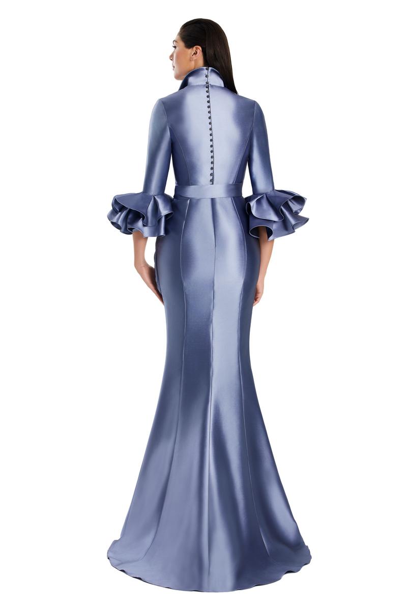 Daymor Couture M.O.B. shirt gown with flounce sleeves in Delphi Blue, elegant and flowing for special occasions.