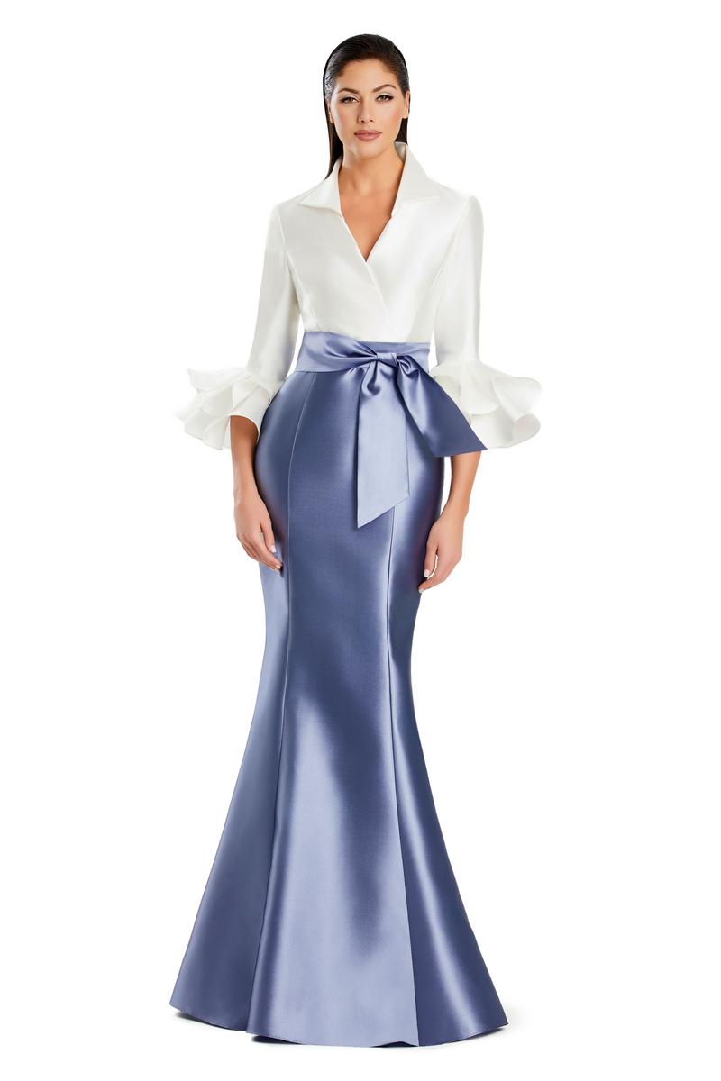 Daymor Couture M.O.B. shirt gown with flounce sleeves in delphi blue and white, featuring elegant, flowing fabric and detailed design.