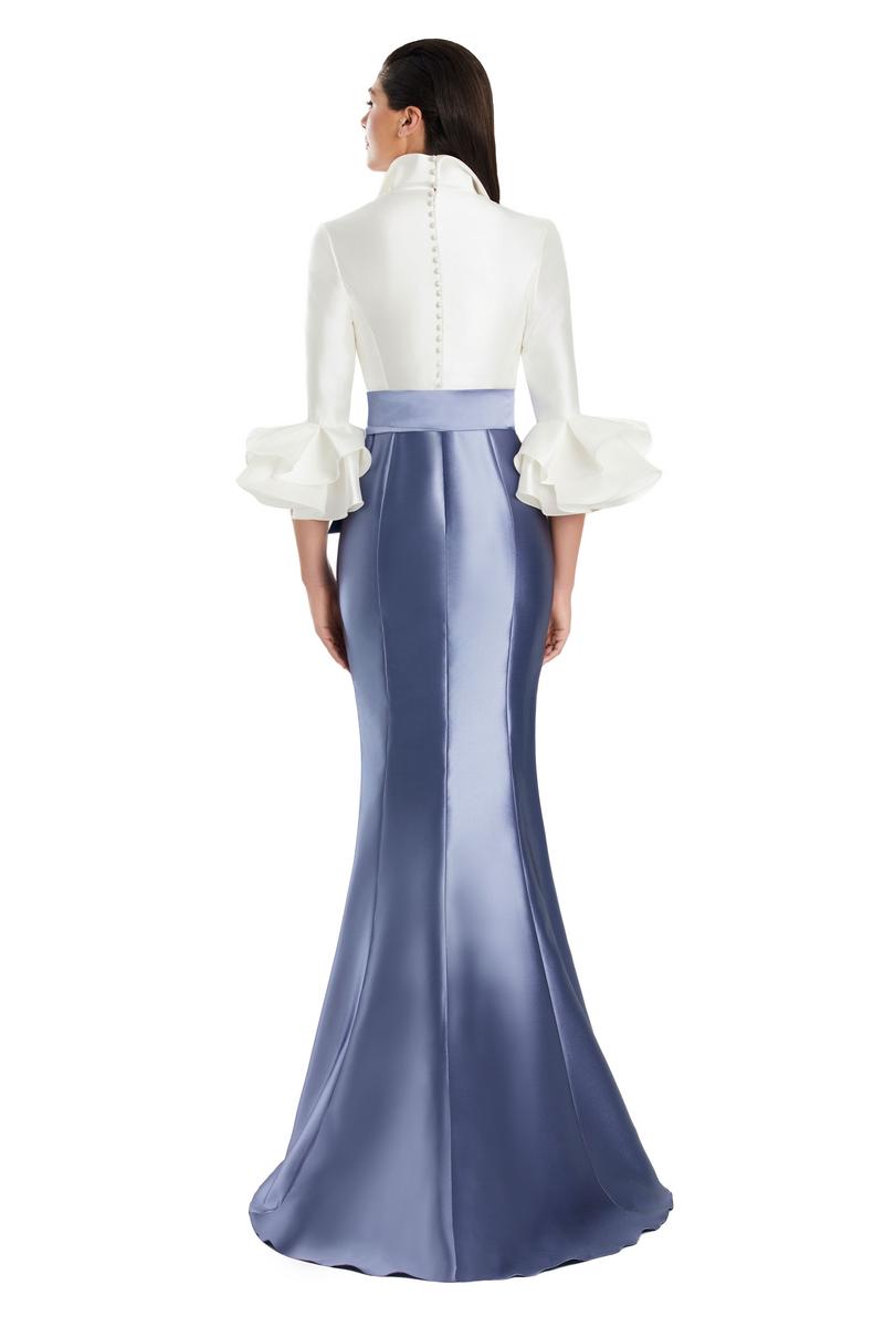 Daymor Couture M.O.B. shirt gown with flounce sleeves in Delphi blue and white, shown from the back.