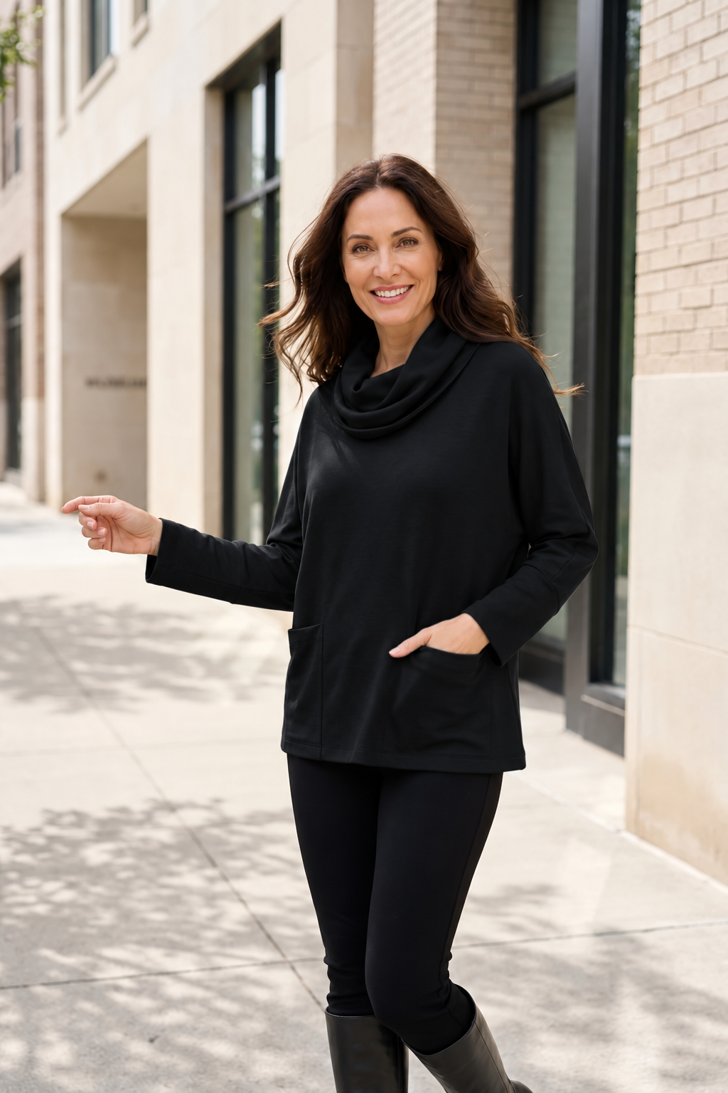 Feather Lux Knit Cowl Tunic - Black
