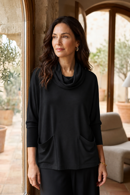 Feather Lux Knit Cowl Tunic - Black