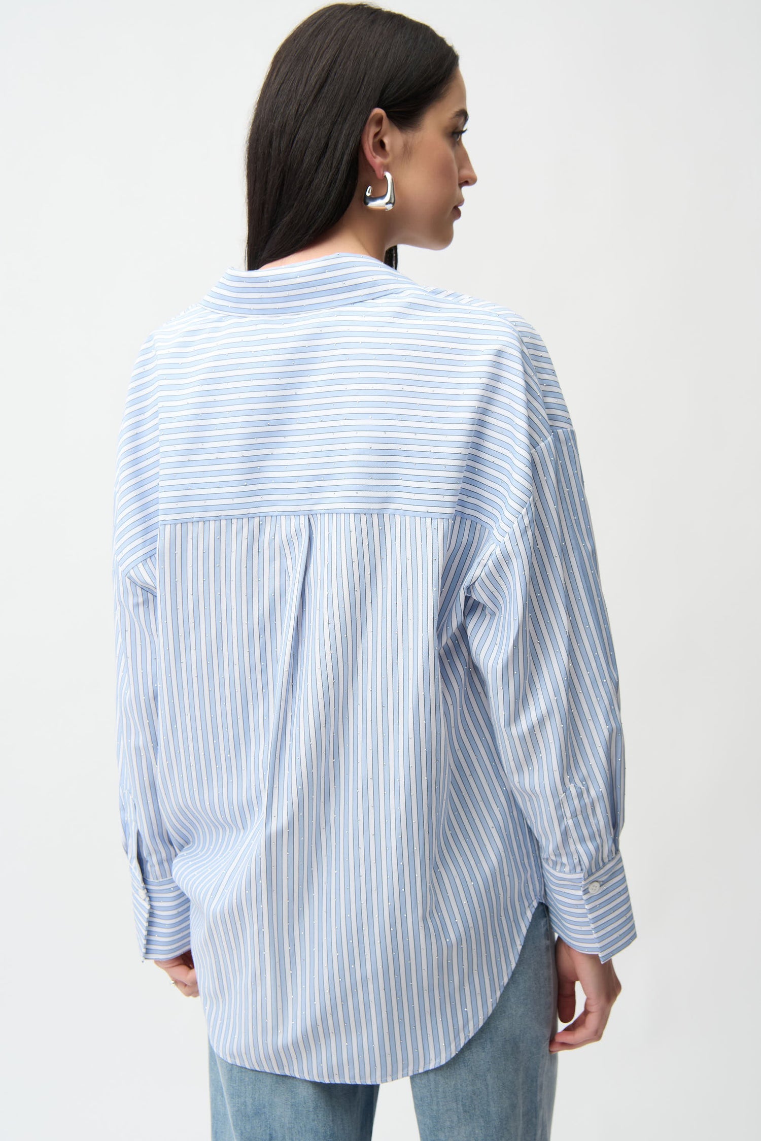 Joseph Ribkoff striped sparkly blouse, stylish top with shimmering fabric and bold stripe pattern, perfect for elegant casual wear.