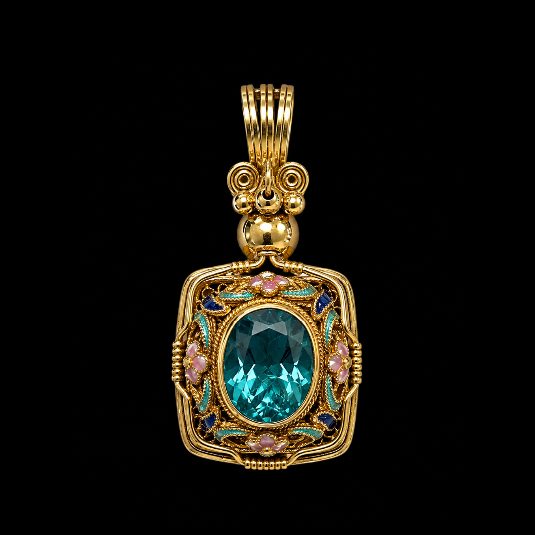 Cloisonné Floral Pendant with Quartz Accents