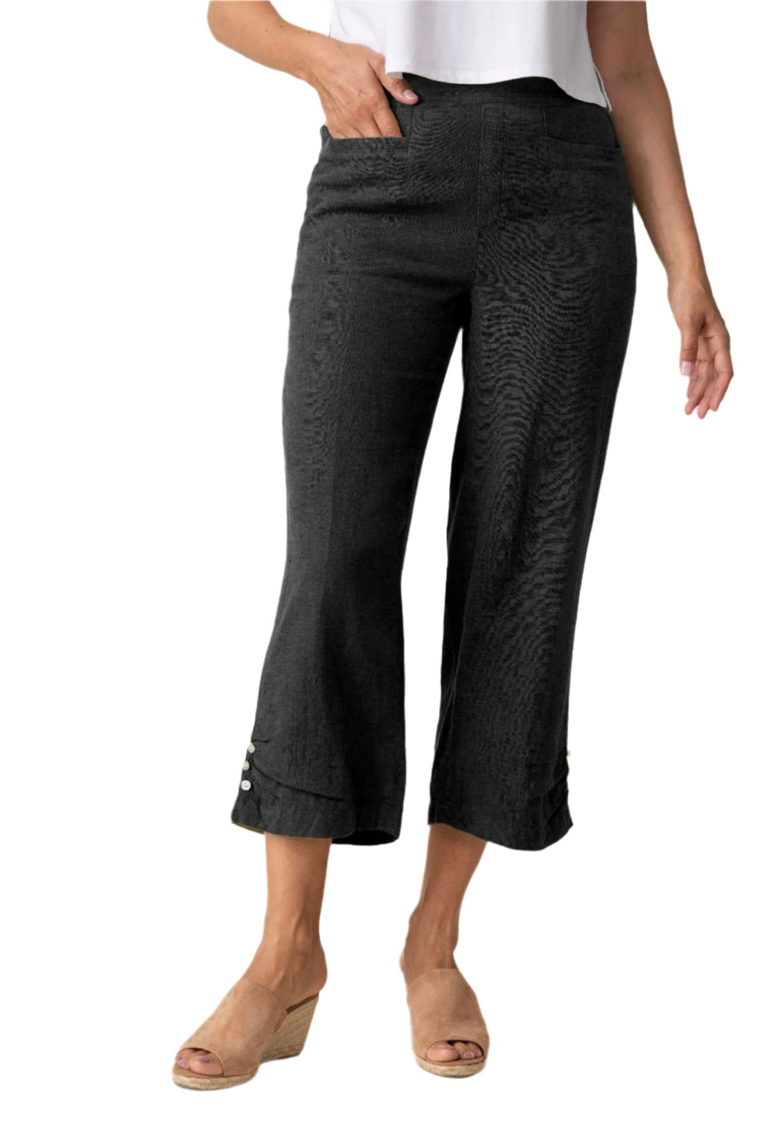 Habitat | Linen Solid Pleat Button Capri