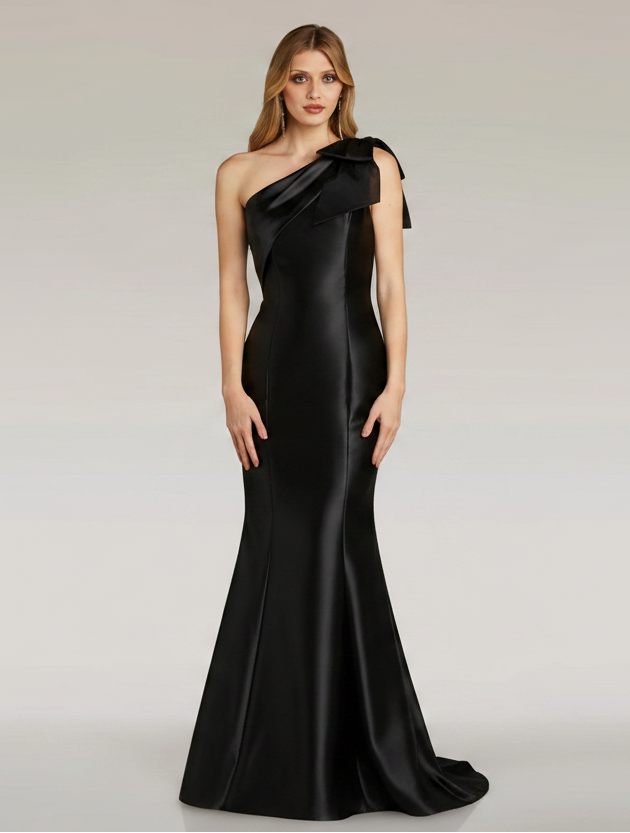 Long One Shoulder Bow Dress - Black