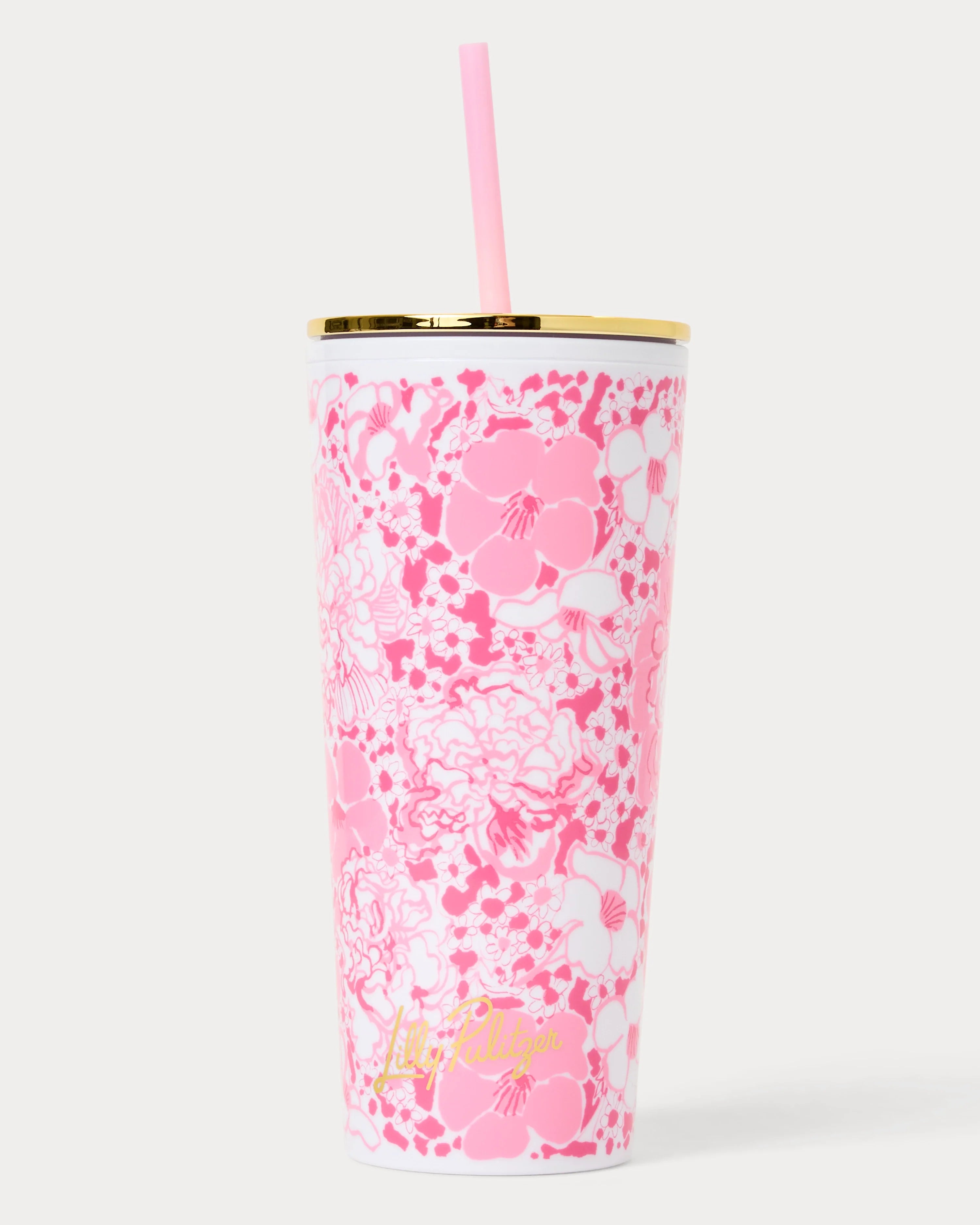 Lilly Pulitzer Tumbler with pink and white floral pattern Color: Conch Shell Pink Burst Of Joy
