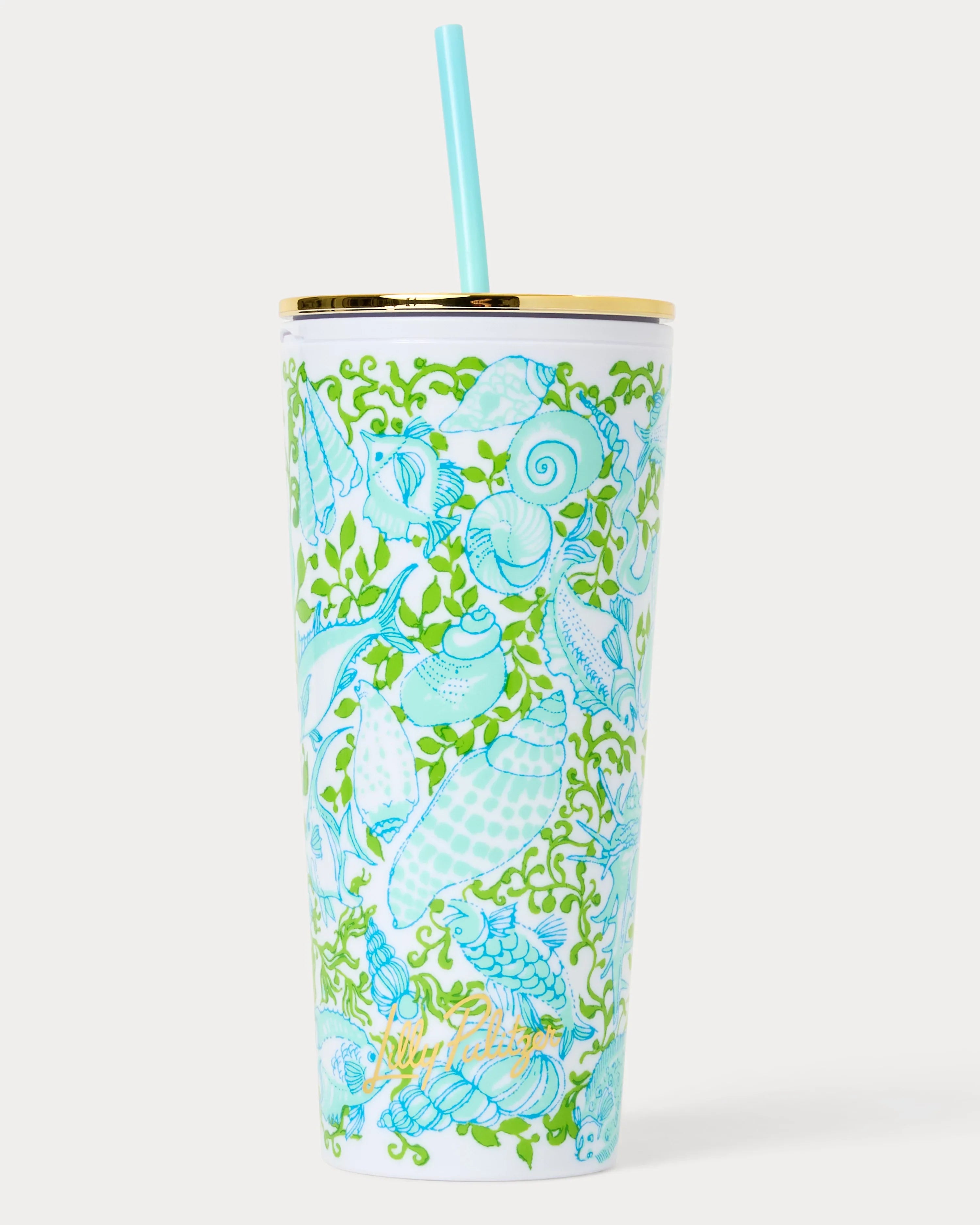 Lilly Pulitzer tumbler with straw Color: Day Dream Blue Throw Me A Line floral coastal pattern