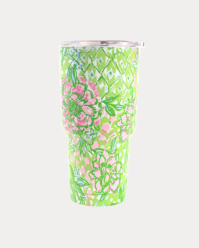 Lifeguard Press insulated tumbler with lime green design and "Feeling Good" text, perfect for keeping drinks hot or cold.