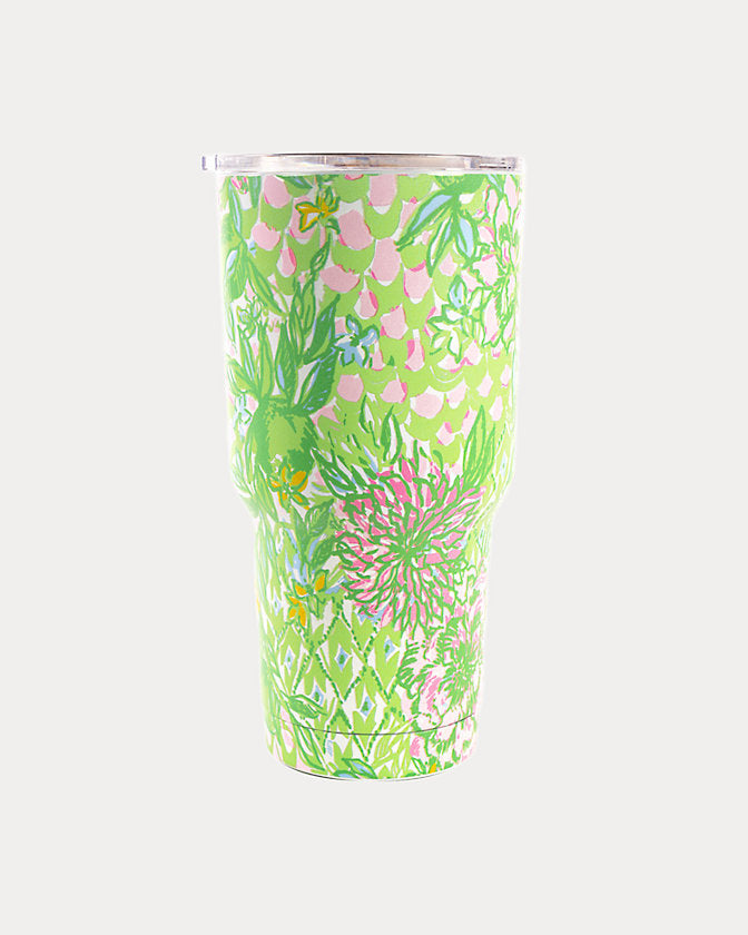 Lifeguard Press insulated tumbler with lime green finish and "Feeling Good" design, perfect for hot and cold beverages.