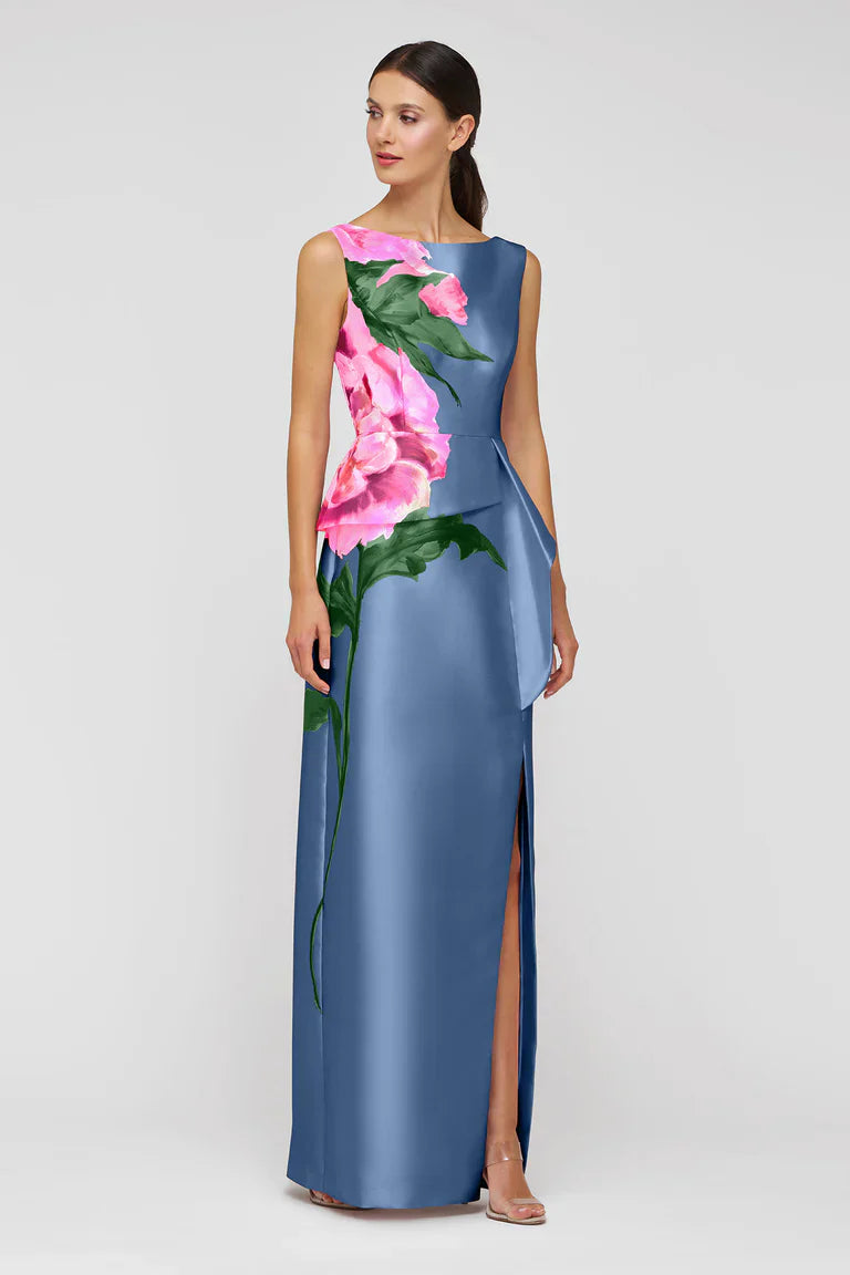 KAY UNGER Luciana Column Gown, elegant formal dress with sleek silhouette and intricate detailing, shown on a mannequin.