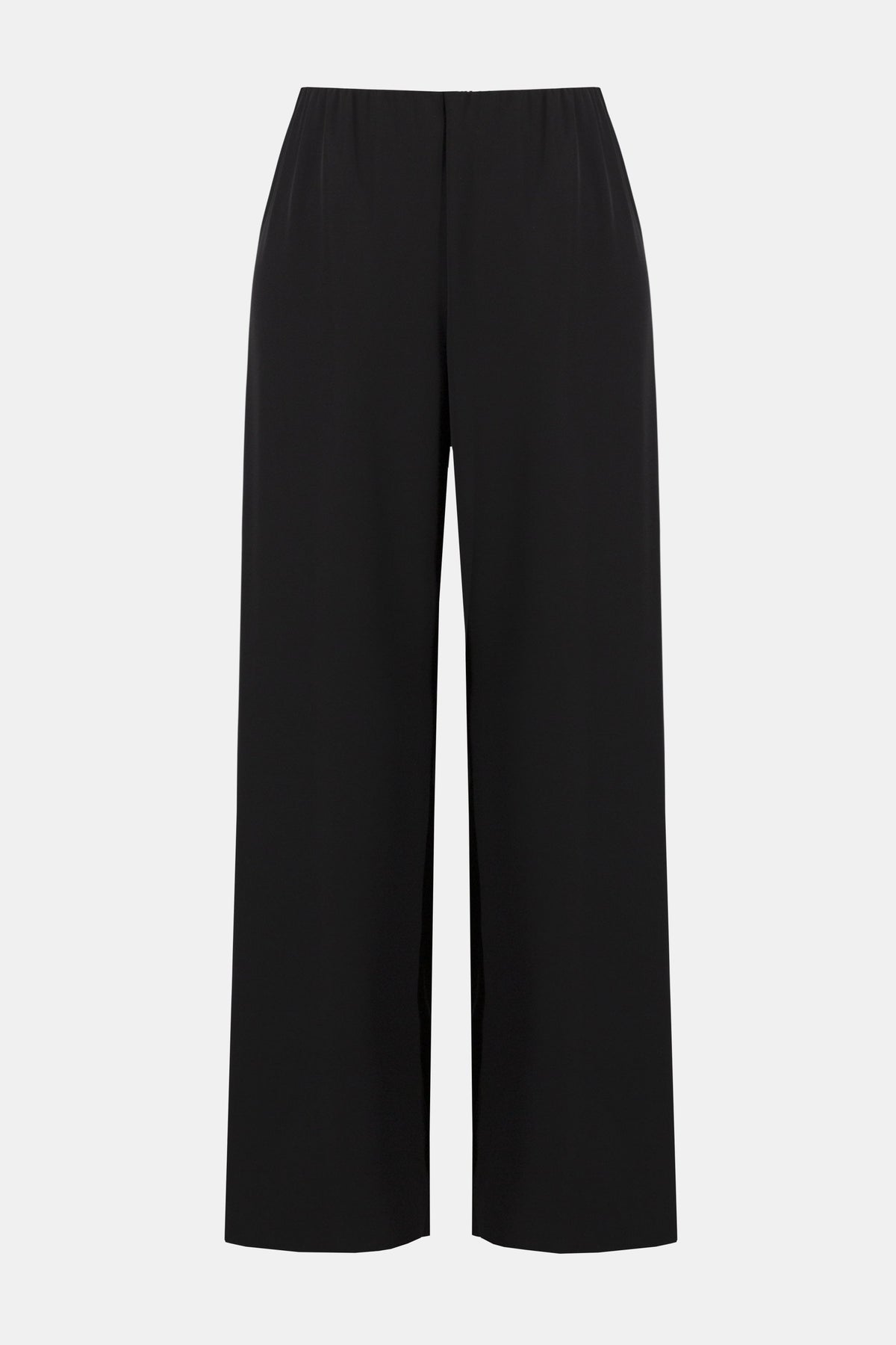 Black Joseph Ribkoff wide leg pull-on pants, shown on a hanger with a smooth, flowing fabric and comfortable elastic waistband.