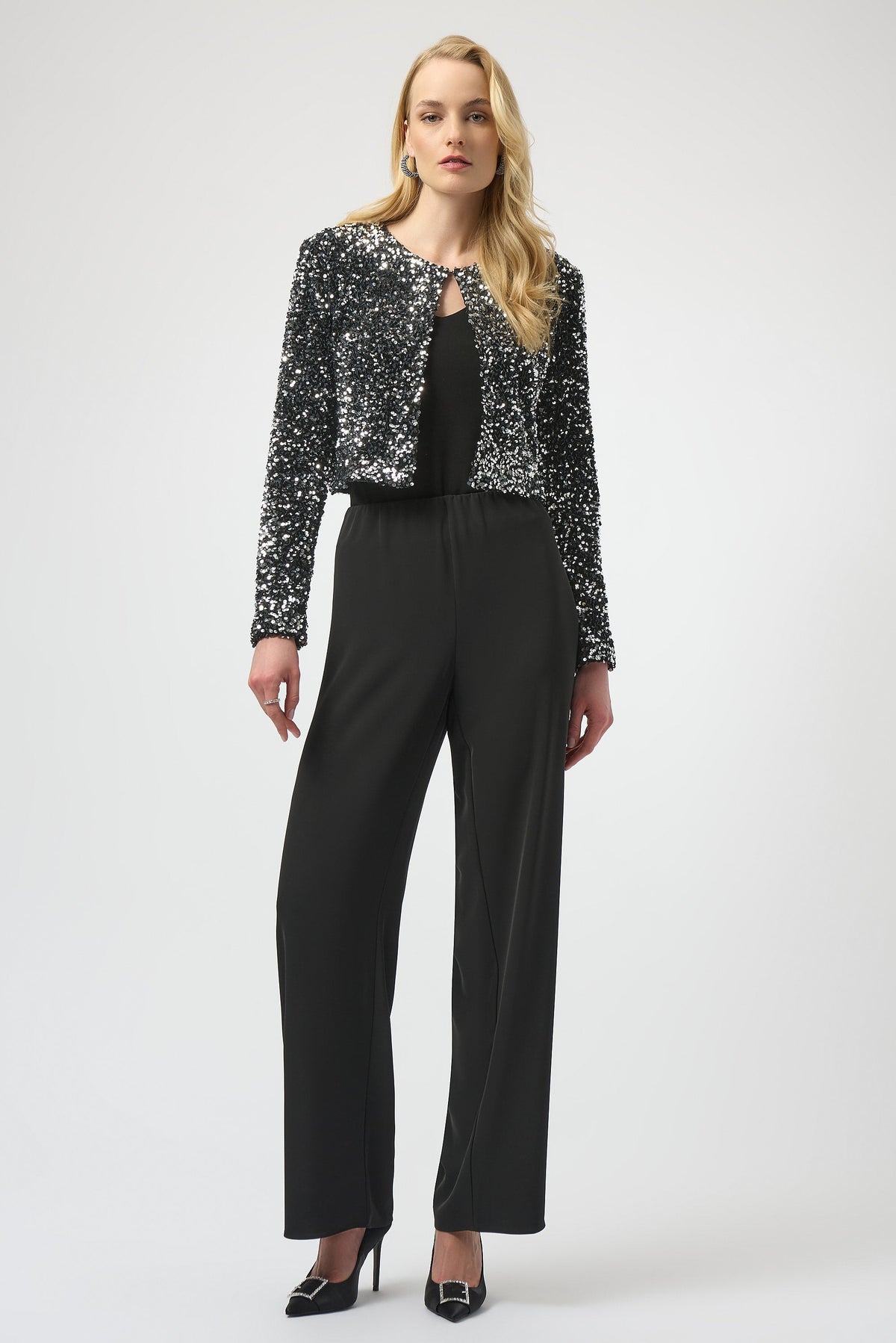 Black wide-leg pull-on pants by Joseph Ribkoff, featuring a relaxed fit and comfortable elastic waistband.