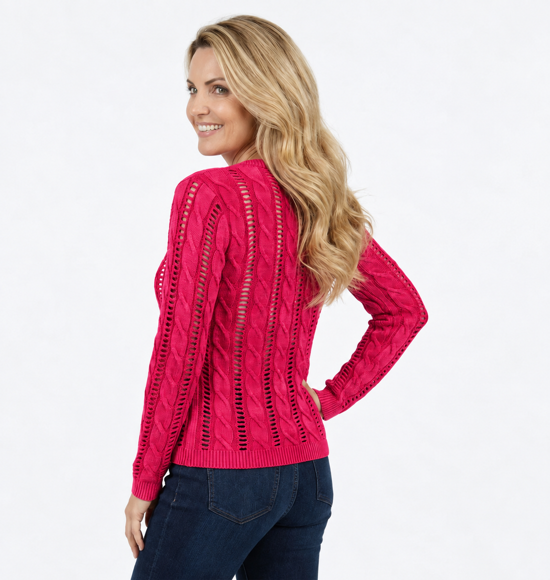 Ethyl Cotton Cable Knit Sweater, Tutor style, showing the cozy, textured knit pattern in a natural light setting.