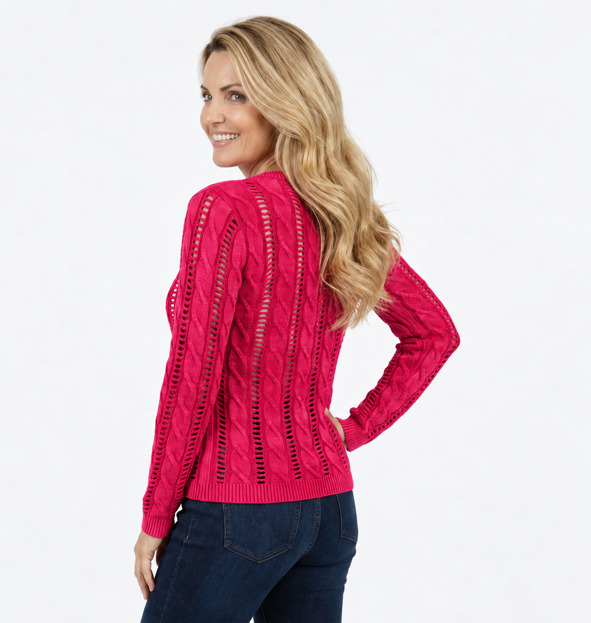 Ethyl Cotton Cable Knit Sweater, Tutor style, showing the cozy, textured knit pattern in a natural light setting.