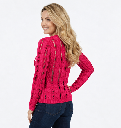 Ethyl Cotton Cable Knit Sweater, Tutor style, showing the cozy, textured knit pattern in a natural light setting.
