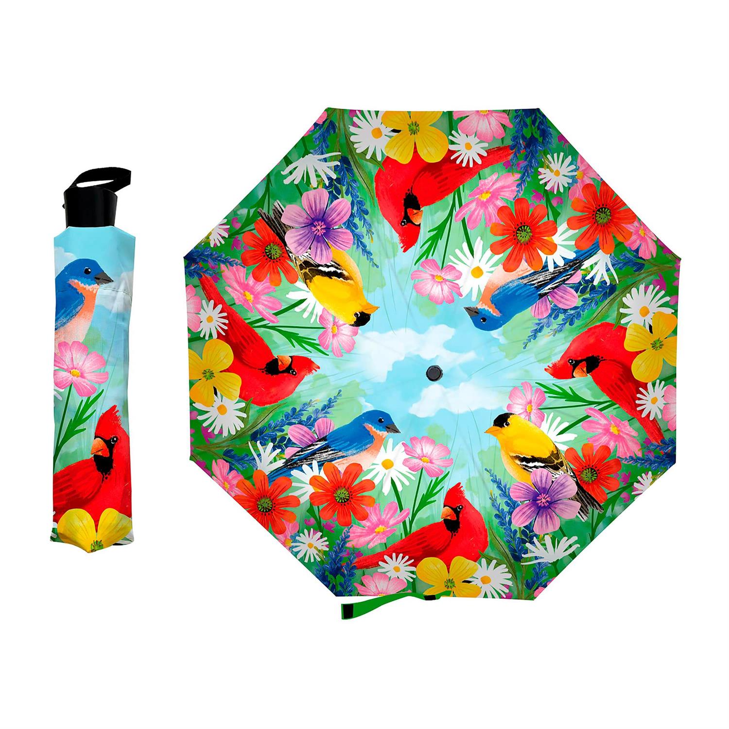 Evergreen ENT Feathered Trio Compact Umbrella with colorful feather pattern, lightweight and portable for stylish rain protection.