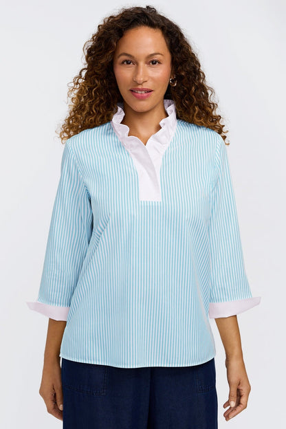 Tammy No Iron Pinpoint Striped 3/4 Sleeve Popover Shirt - Capri