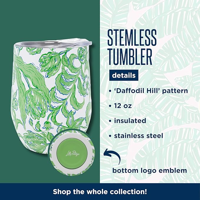 Lifeguard Press insulated stemless tumbler with Daff floral design, double-wall stainless steel, and spill-resistant lid.