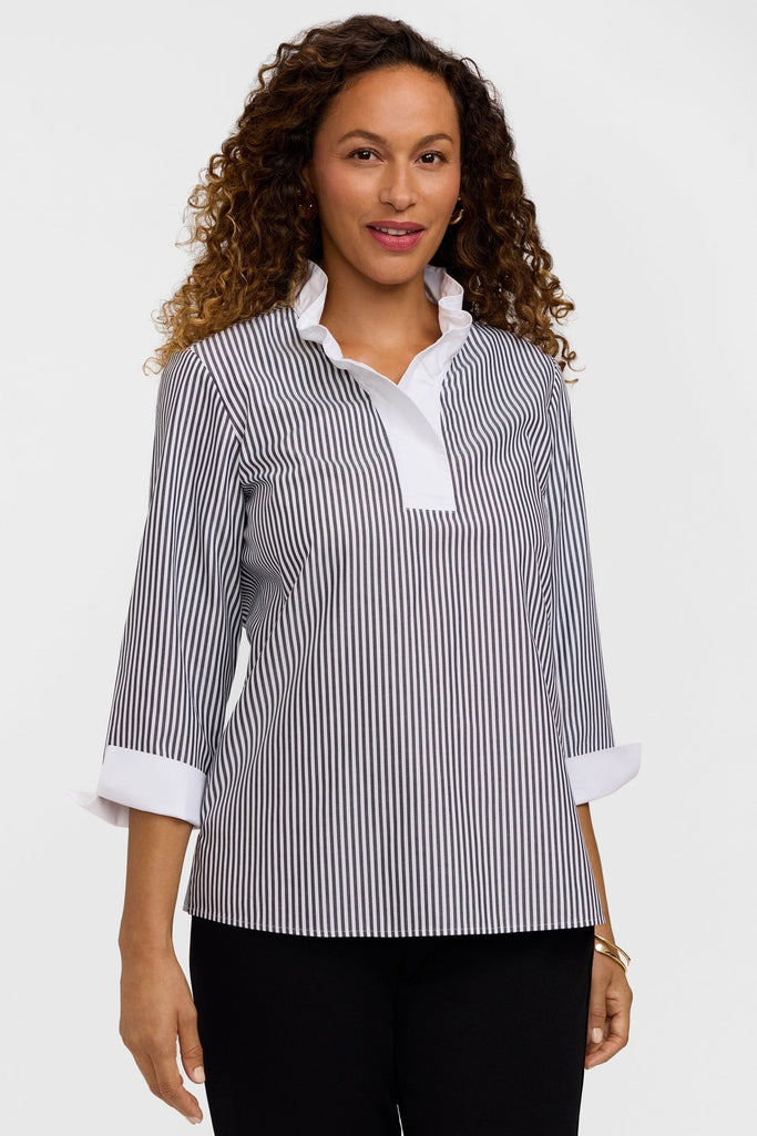 Tammy No Iron Pinpoint Striped 3/4 Sleeve Popover Shirt