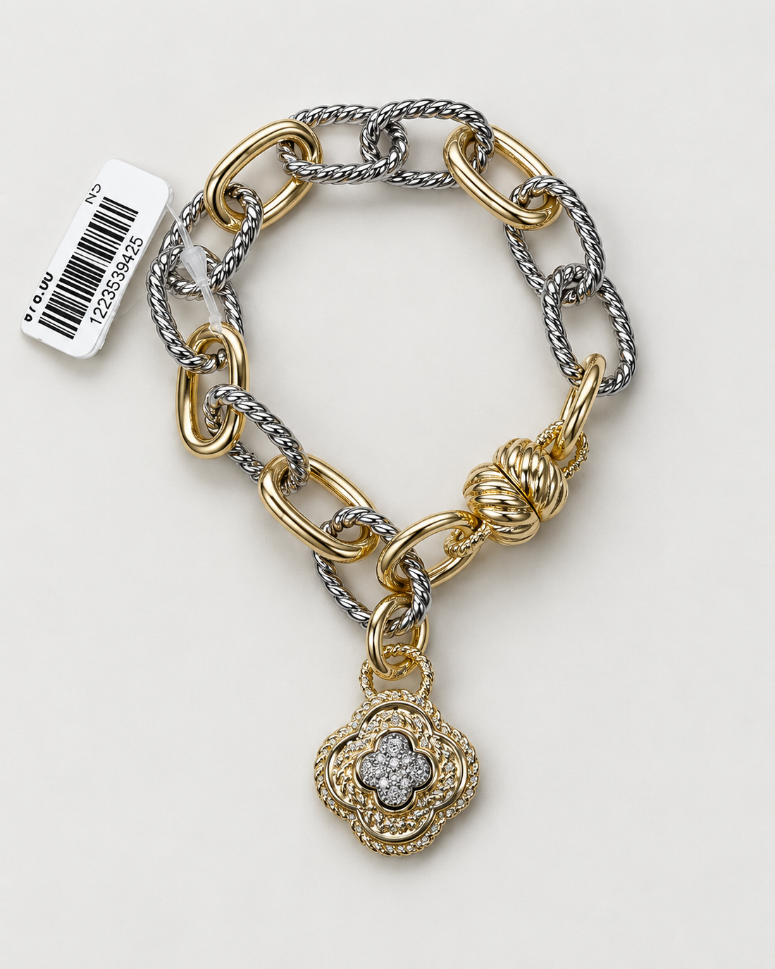 Two-Tone CZ Paved Quatrefoil Chain Magnetic Bracelet