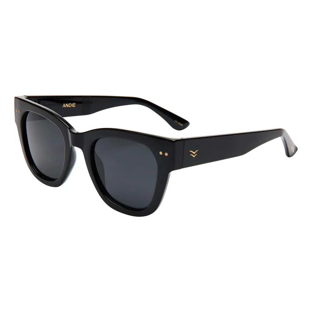 I-SEA Andie tortoise and black sunglasses with dark tinted lenses and sleek frame design.