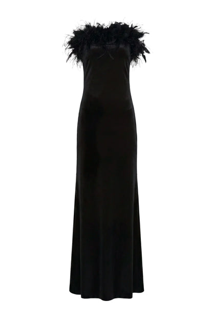 The Amanda Uprichard Ella Gown in black, a rich plush velvet. Strapless and finished with an ostrich feather trim at the neckline. Style No. VE-23164