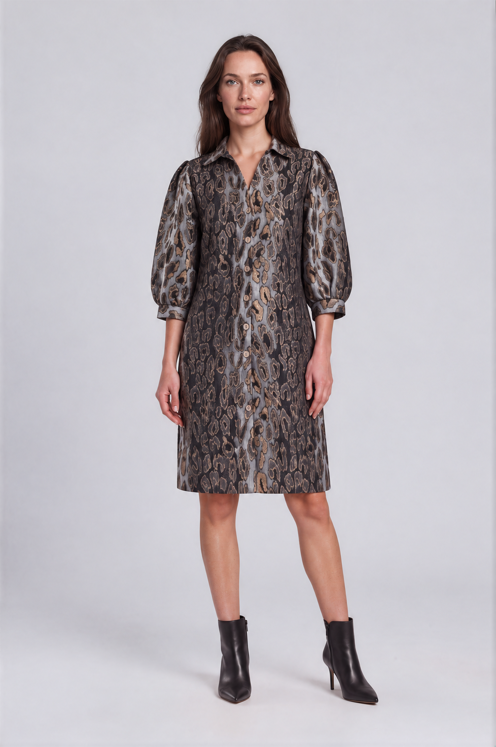 Animal Print Dress mid-length button-front shirt dress with a brown, gray, and black snakeskin pattern, featuring voluminous elbow-length puff sleeves