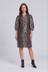 Animal Print Dress mid-length button-front shirt dress with a brown, gray, and black snakeskin pattern, featuring voluminous elbow-length puff sleeves