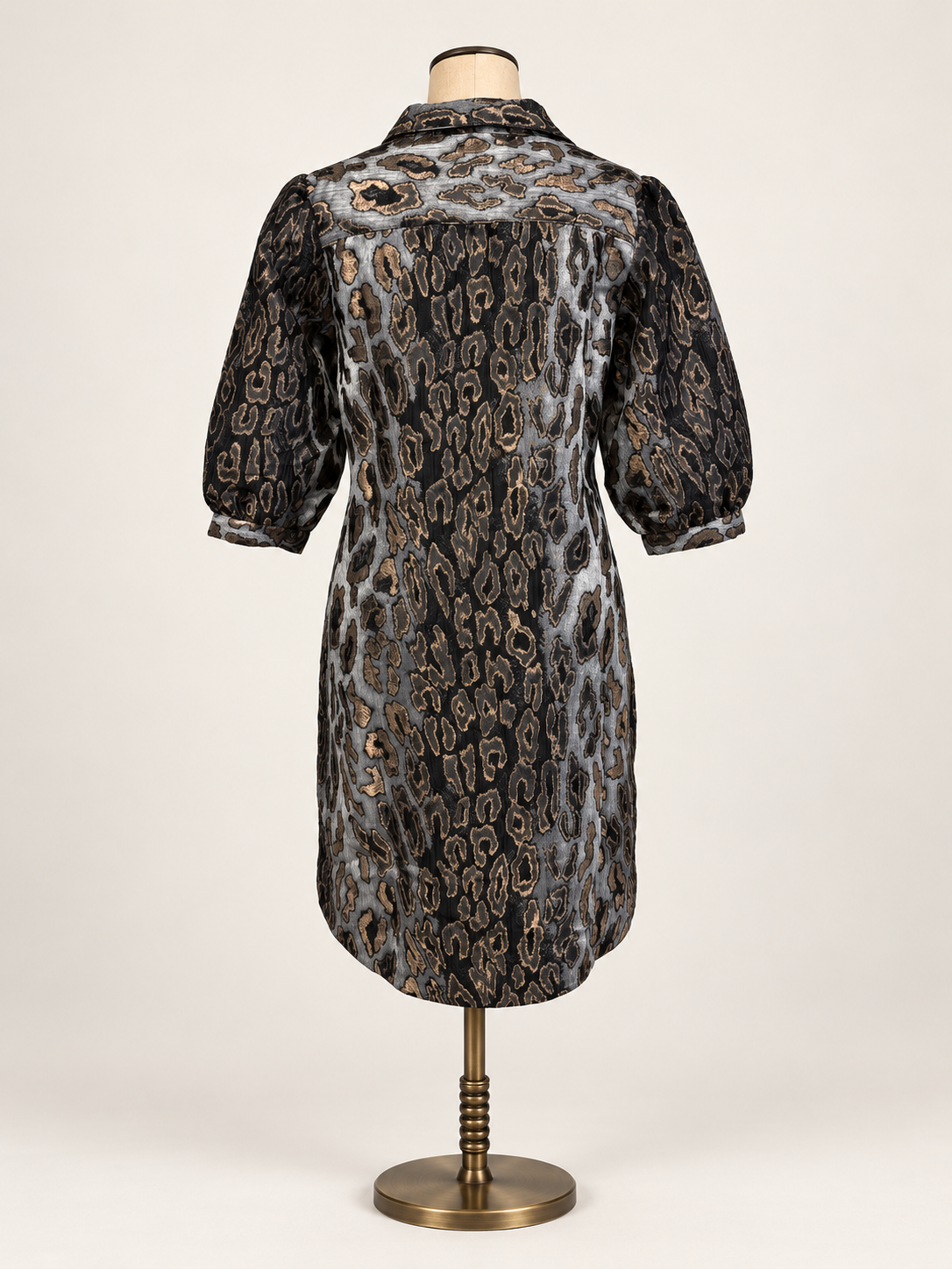 Animal Print Dress mid-length button-front shirt dress with a brown, gray, and black snakeskin pattern, featuring voluminous elbow-length puff sleeves