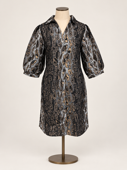 Animal Print Dress mid-length button-front shirt dress with a brown, gray, and black snakeskin pattern, featuring voluminous elbow-length puff sleeves