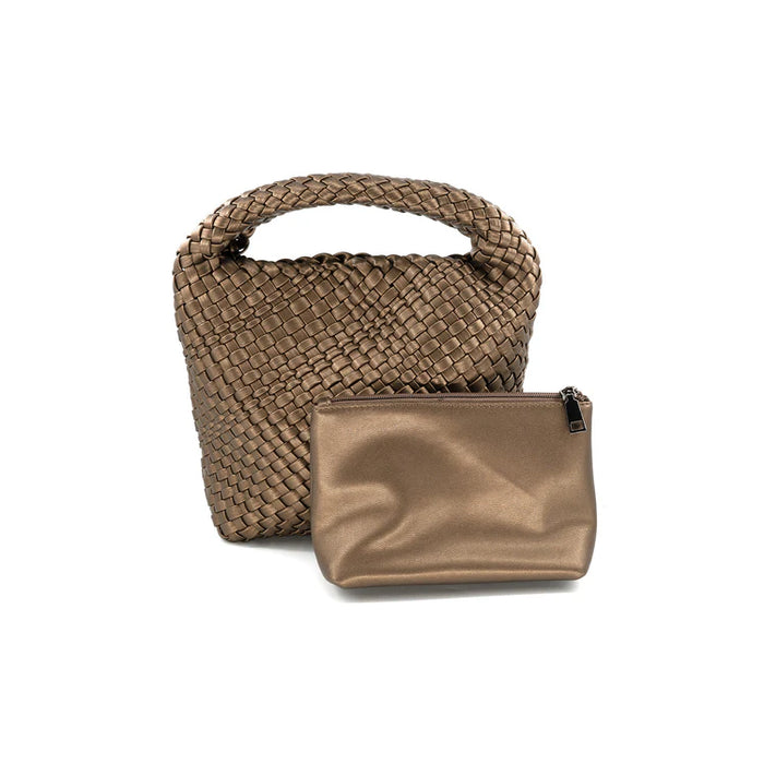 Brown woven handbag and matching pouch on a white background