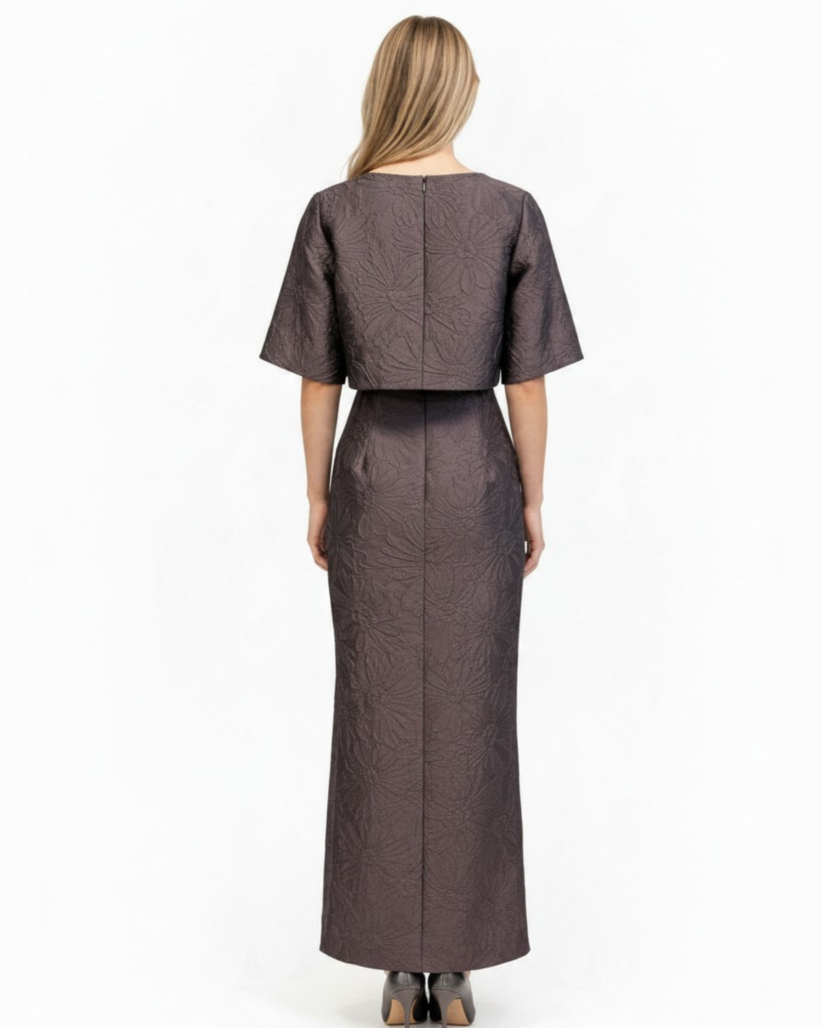 Bigio Gown with Topper in a cafe brown color