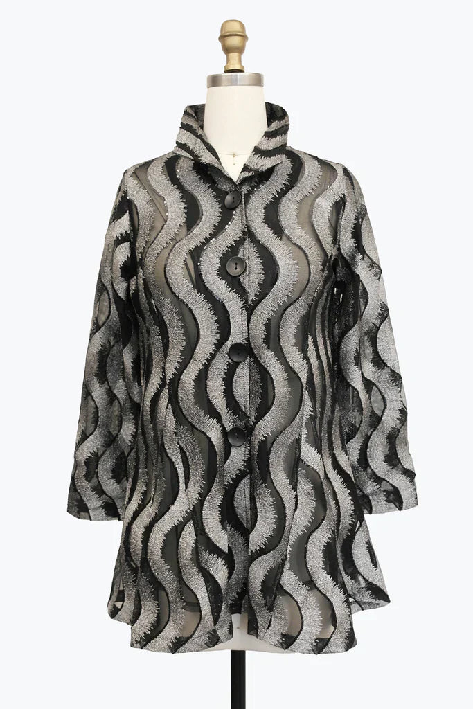 Black and gray patterned coat on a mannequin against a white background
