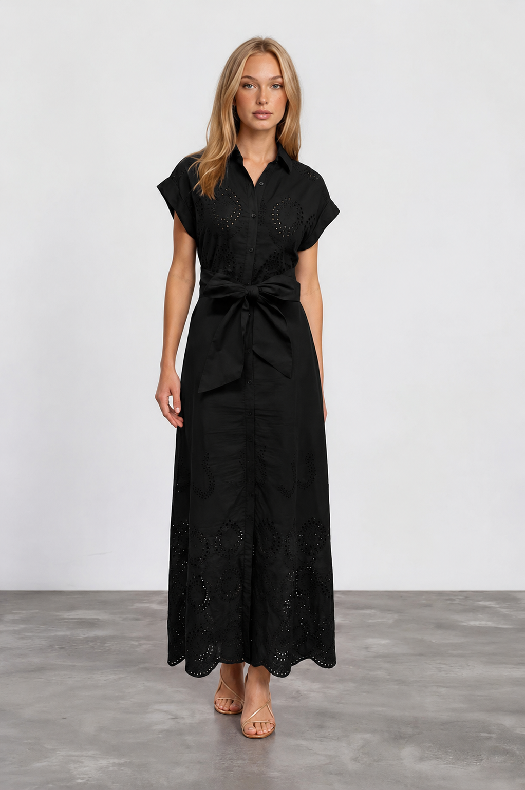 Black Savannah Poplin Eyelet Maxi Dress black short-sleeve maxi dress with a tie waist and eyelet lace details