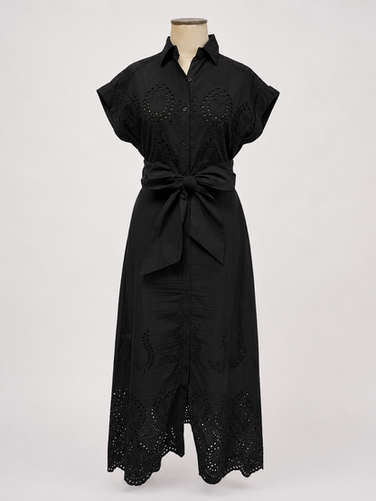 Black Savannah Poplin Eyelet Maxi Dress black short-sleeve maxi dress with a tie waist and eyelet lace details