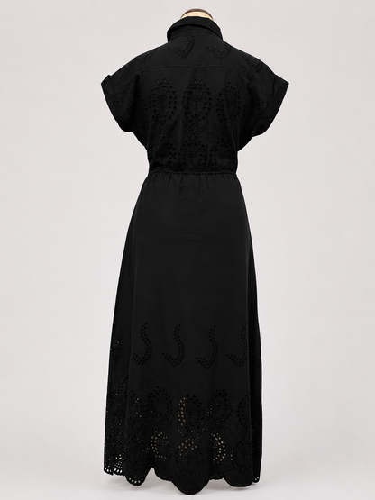 Black Savannah Poplin Eyelet Maxi Dress black short-sleeve maxi dress with a tie waist and eyelet lace details
