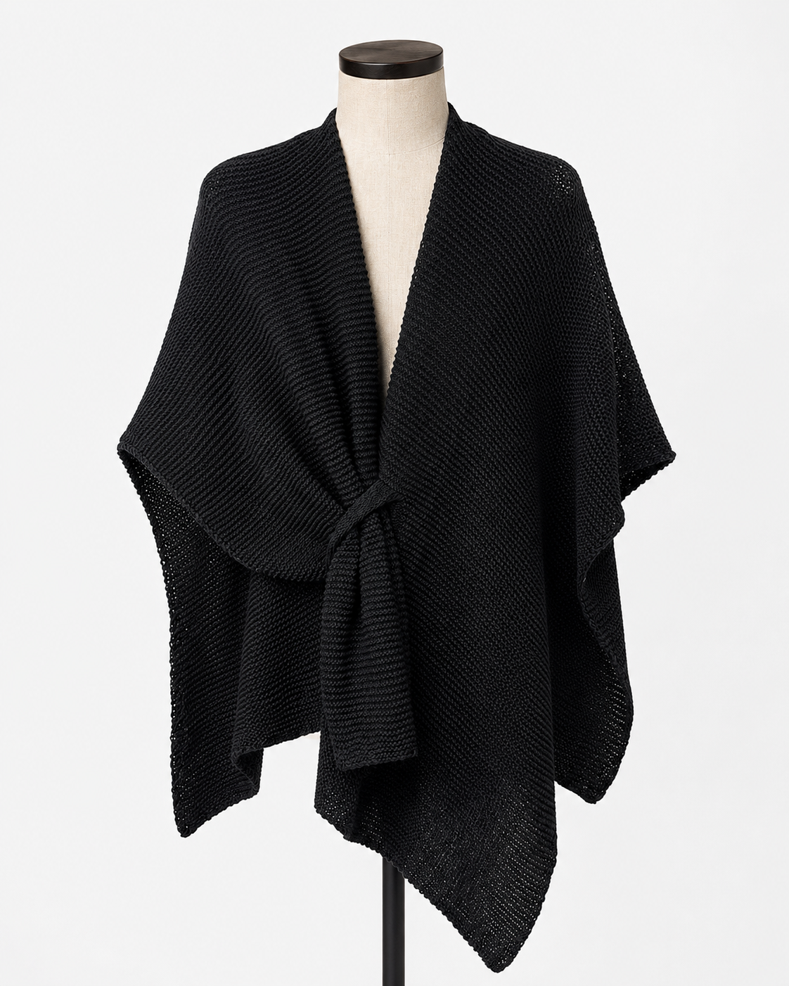 A black open-front knit poncho 