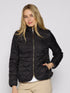 Woman wearing a black quilted jacket on a white background