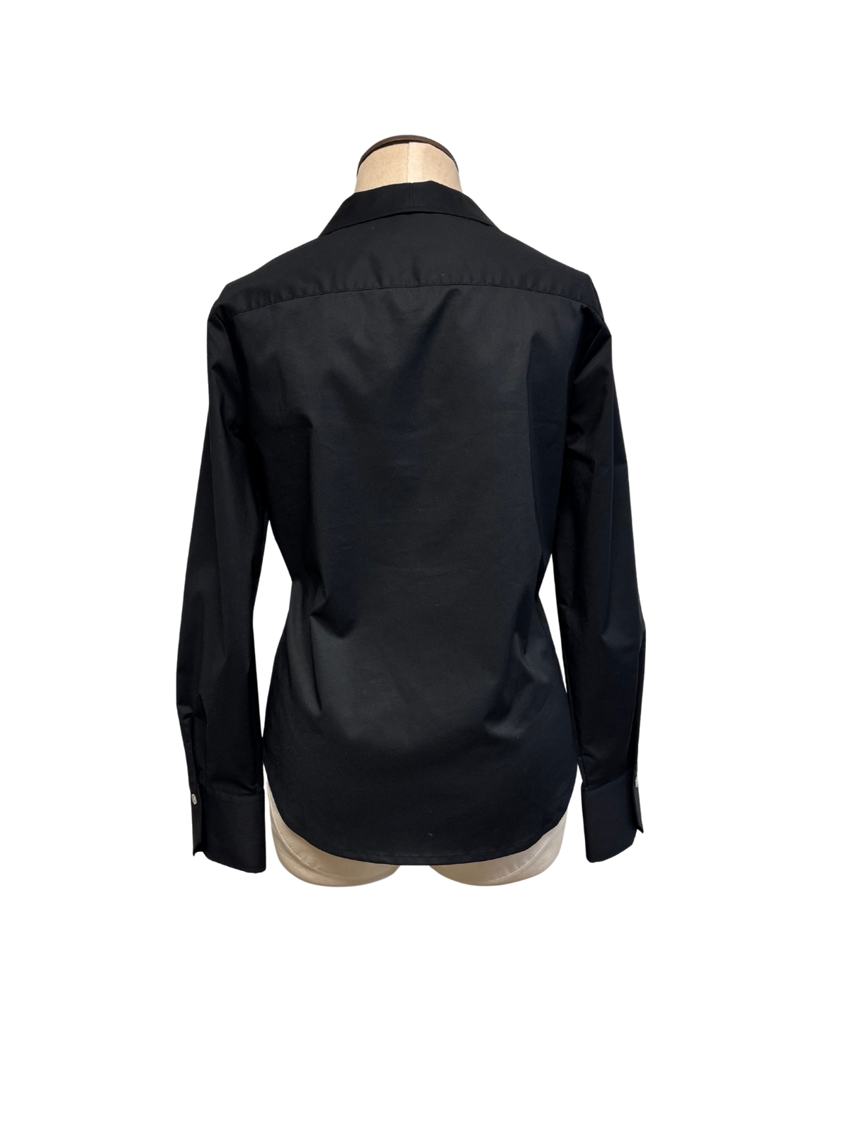 Black button-up blouse by THE H EDITION, Margie Blouse, featuring classic collar and long sleeves, stylish and versatile for any wardrobe.