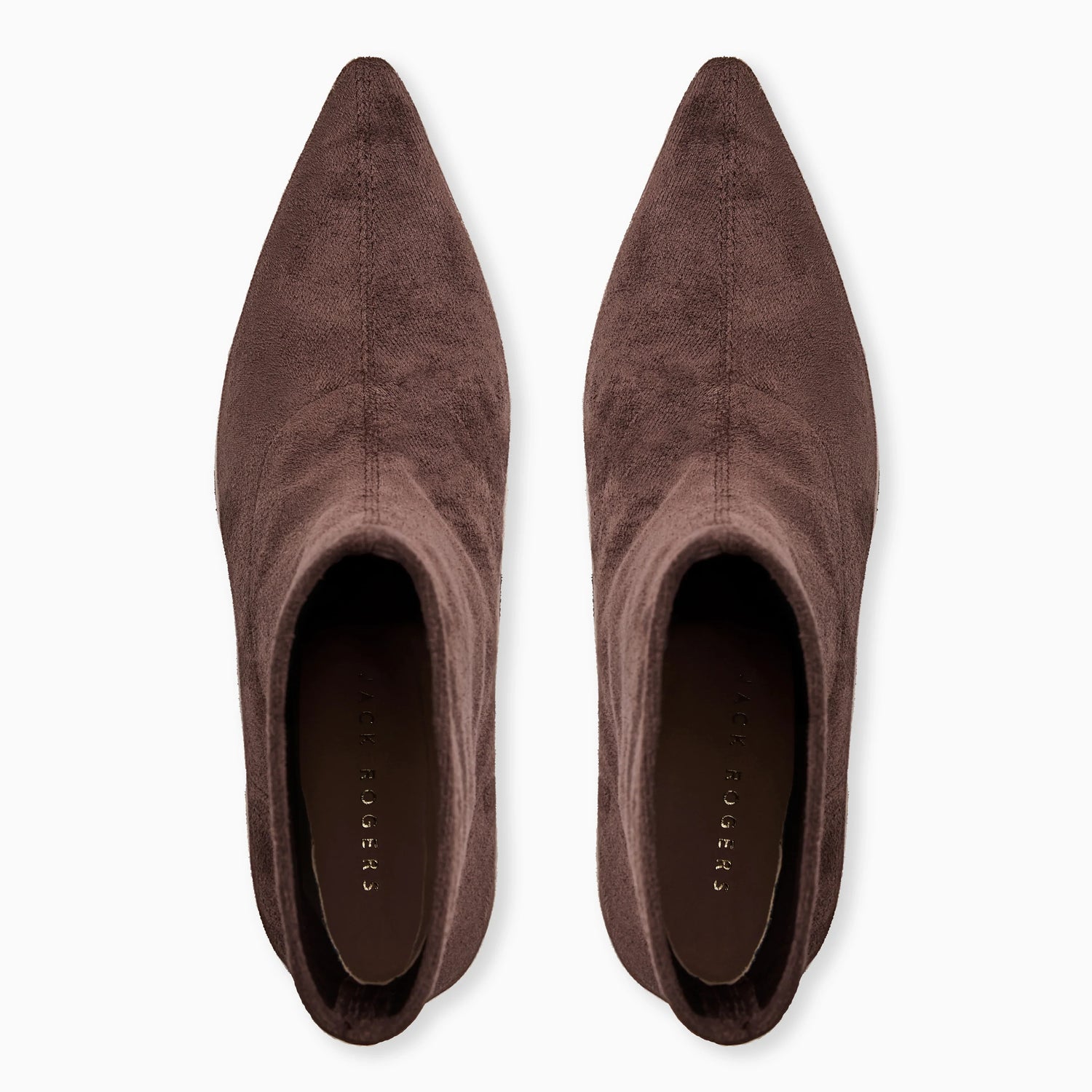 Pair of brown suede pointed-toe shoes on a white background