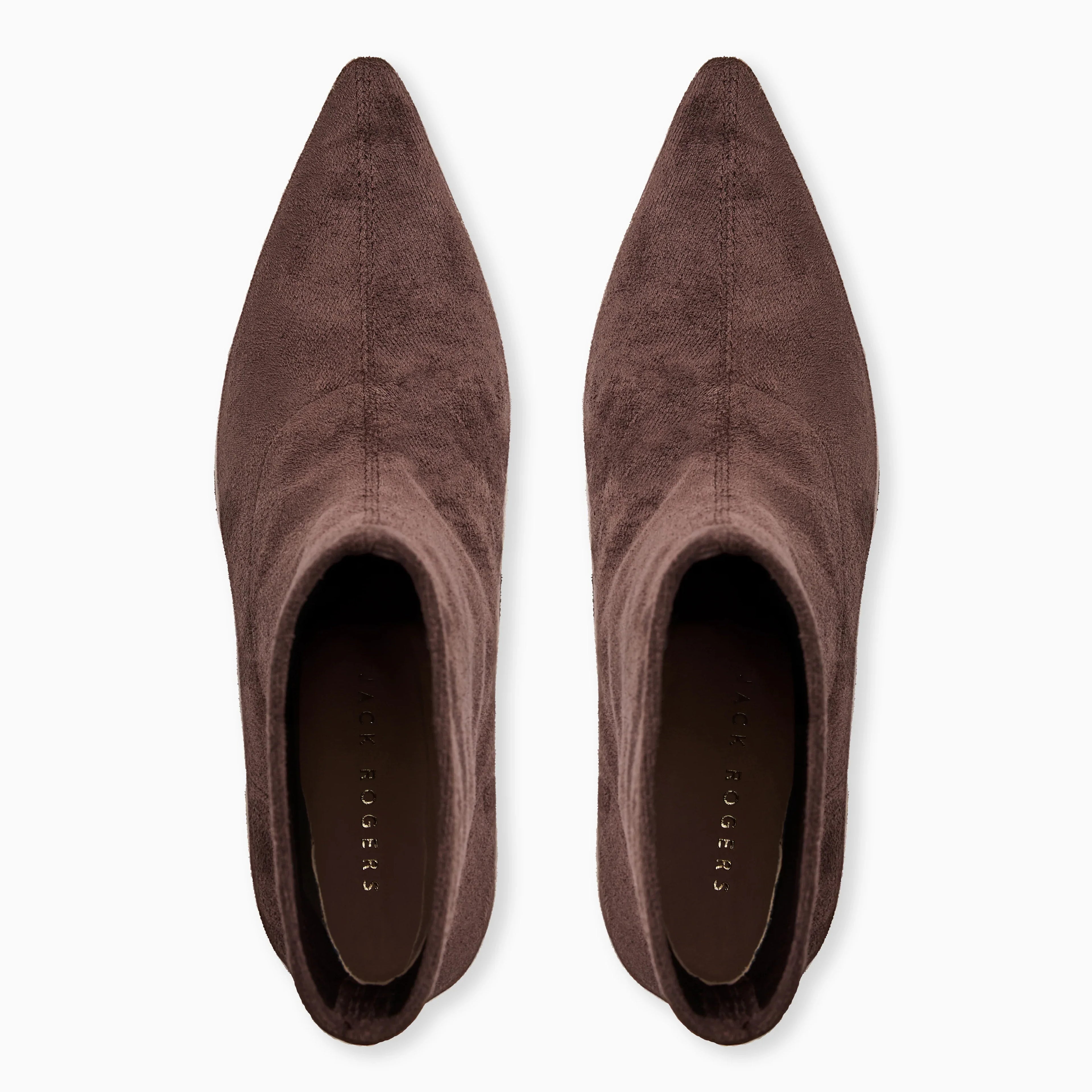 Pair of brown suede pointed-toe shoes on a white background
