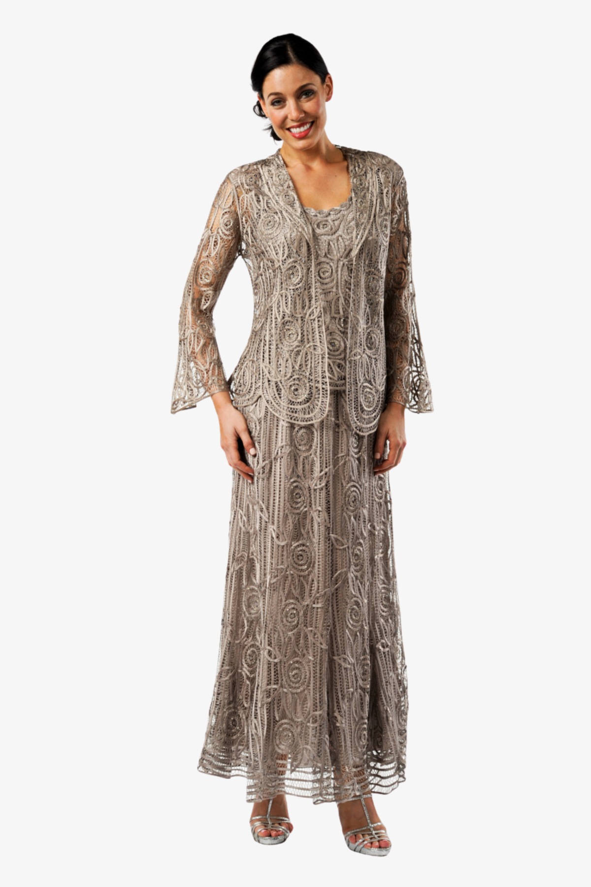 Silk hand-crochet embroidered cocoa jacket and skirt set by SOULMATES, featuring intricate embroidery and elegant design.
