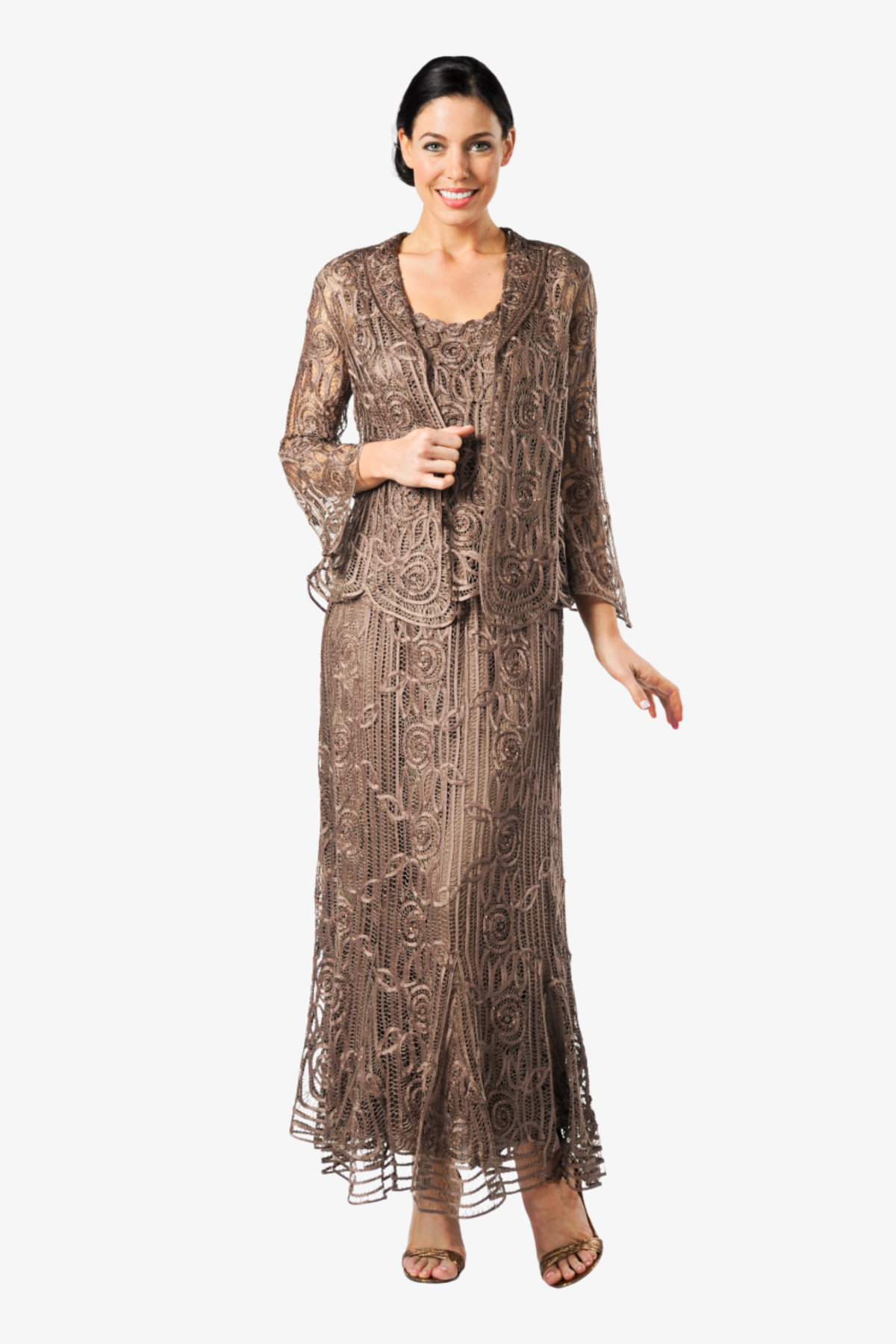 Silk hand-crochet embroidered jacket and skirt set in mocha by SOULMATES, featuring intricate embroidery and elegant design.