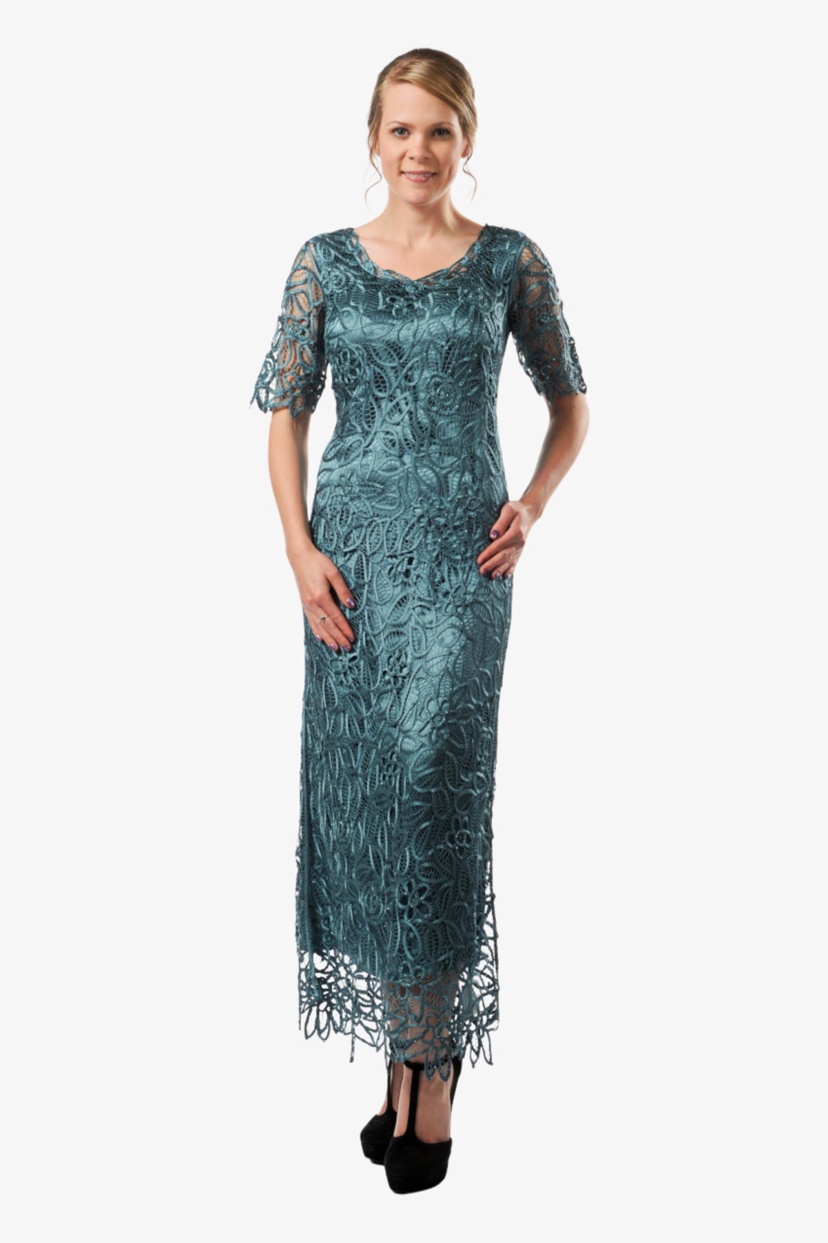 Soulmates | Hand Lace Silver Beaded Short Sleeve Top with Skirt Set - Evelyne Talman