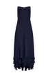 Navy blue dress with ruffled hem on a white background