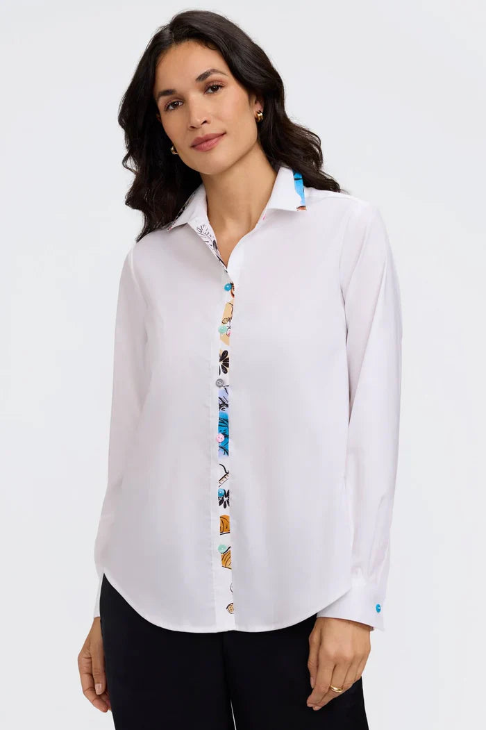 Woman button up white blouse with colorful buttons