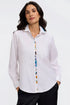 Woman button up white blouse with colorful buttons